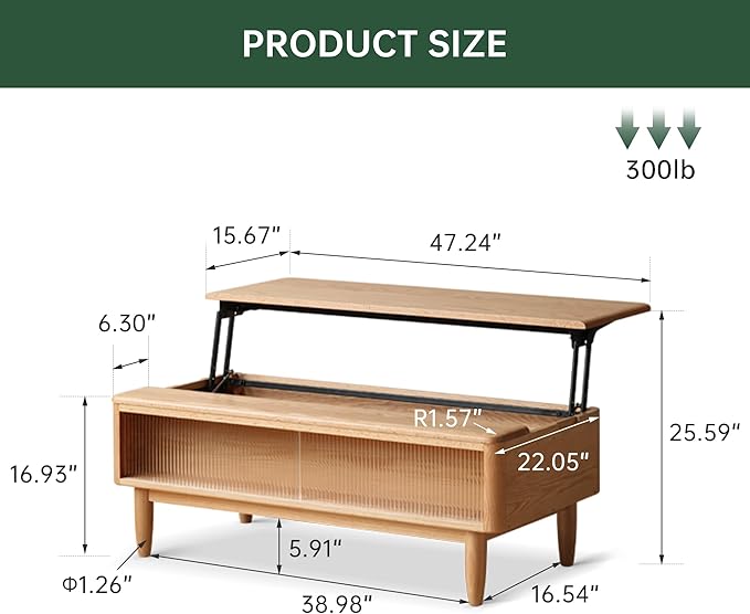 Lift Top Coffee Table, 100% Solid Oak Wood Log Color Coffee Table with Glass Sliding Door, Rectangular Coffee Tables with Storage for Living Room Home Decor-47.24" L