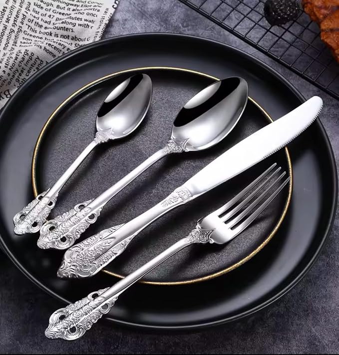 30-Pcs Luxury Silverware Set, Royal Flatware Set, Modern 304 Stainless Steel Flatware, Cutlery, Tableware (Silver, 30)