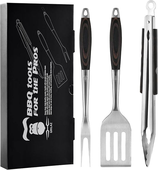 Stainless Steel BBQ Tool Set | Dark-Dyed Wood Handles | Heavy Duty Grilling Accessories | 3-Piece Outdoor Barbecue Grill Utensil Set with Spatula, Fork, and Tongs - Ideal Gift for Men…