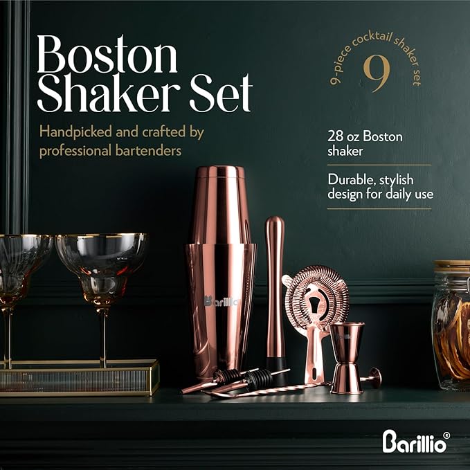 Barillio Rose Gold Boston Shaker Set - Stainless-Steel, Weighted Martini Cocktail Shaker Set w/Strainer & Mixer - Mixology Bartender Kit - Bar Set for The Home - 9-pc Drink Shaker Set - Bar Tools