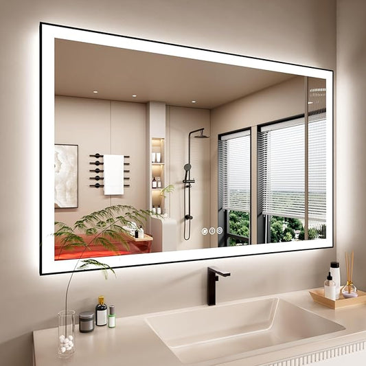 55x36 Inch LED Bathroom Mirror with Black Frame, Backlit and Front Lighted Bathroom Mirrors for Wall, Anti-Fog, Dimmable, Memory, Shatterproof, LED Vanity Mirror for Bathroom
