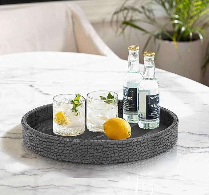 HofferRuffer Faux Leather Round Serving Tray, Vegan Croco Leather Decorative Tray, Food Tray for Storage Drinks, Snack & Cosmetics, Dia.12'' x 1.6'' (Dark Grey)