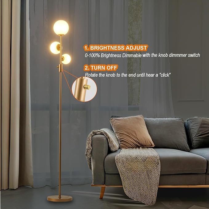 Fiqevs Upgrade Dimmable Floor Lamp, 3 Globe Mid Century Floor Lamps for Living Room with Frosted Glass Shade and 3 LED Bulbs, Vintage Modern Gold Standing Lamp for Bedrooms, Office - Antique Brass