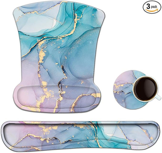 AIMSA Mouse Pad Wrist Support Set Keyboard Wrist Rest, Ergonomic Memory Foam Non-Slip Base Easy Typing Pain Relieve for Computer Laptop Home Office, Green Purple Marble