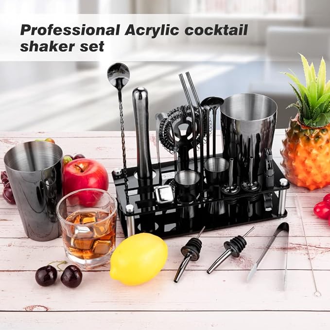 Cocktail Shaker Set, 23-Piece Boston Stainless Steel Bartender Kit with Acrylic Stand & Cocktail Recipes Booklet, Professional Bar Tools for Drink Mixing, Home, Bar, Party - Black
