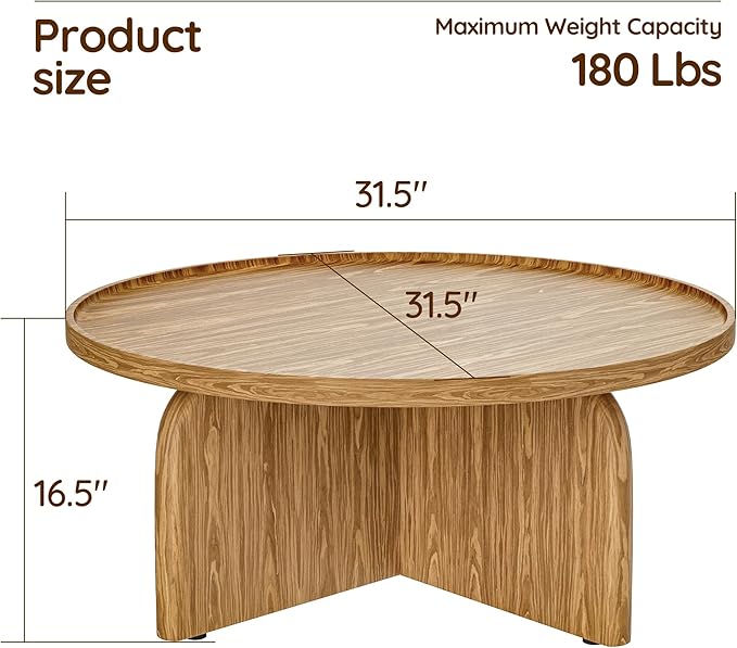 Round Coffee Table with Stylish Curve, 31.5" Circle Wooden Living Room Coffee Table, Modern Farmhouse Center Accent Furniture, Child-Friendly, Easy to Assembly, Brown