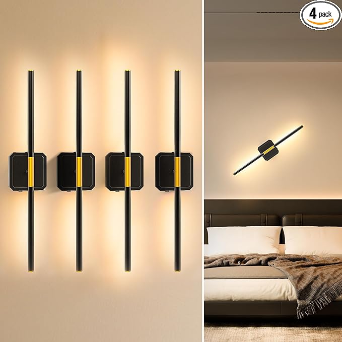 10000mAh Battery Operated Wall Sconce Detachable, Wireless Wall Lamp 3000-6500K Dimmable, Rechargeable Wall Light for Bedroom, Living Room, 28.3" Black Gold (4 Pack)