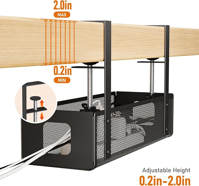 DELAMU Under Desk Cable Management Tray - Cable Management Tray No Drill with F-Clamp Design, Metal Mesh Cord Organizer, Sturdy Wire Organizers for Cords for Home Office Standing Desk, Black