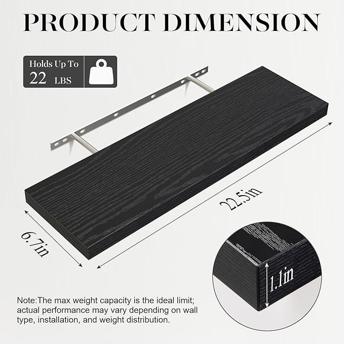 BAYKA Floating Shelves 22.5 inches, Wall Mounted Shelves Rustic Wood for Bathroom, Bedroom, Living Room, Floating Shelves for Books/Storage/Decor with 22lbs Capacity(Satin Black,Set of 3)