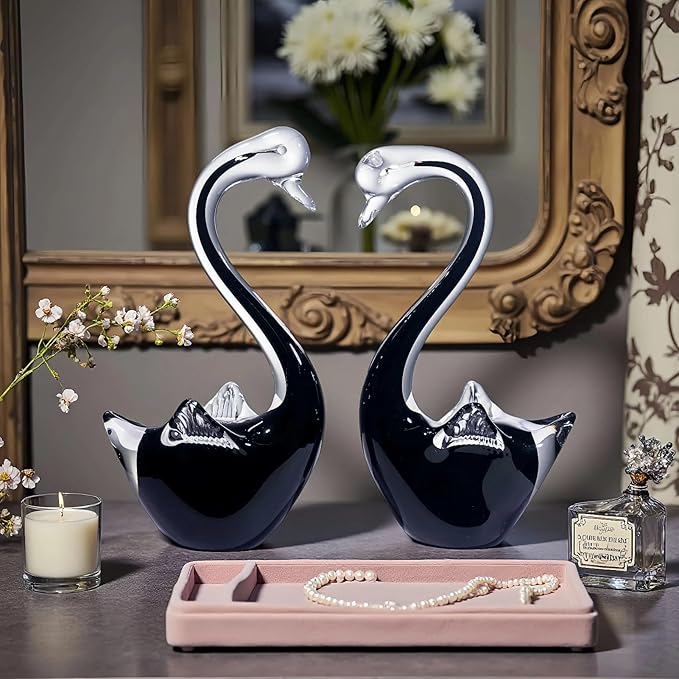 Black Swan Glass Figurines Set - 7.5" L x 3.9" H Weatherproof Hand Blown Glass Art, Indoor/Outdoor Decor, Pair of 2 - Perfect Garden Art, Home Shelf Display & Gift for All Occasions