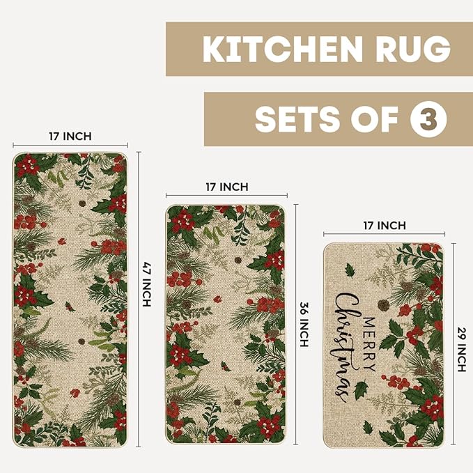 Artoid Mode Leaves Holly Merry Christmas Kitchen Mats Set of 2, Winter Home Decor Low-Profile Kitchen Rugs for Floor - 17"x29"+17"x36"+17"x47"
