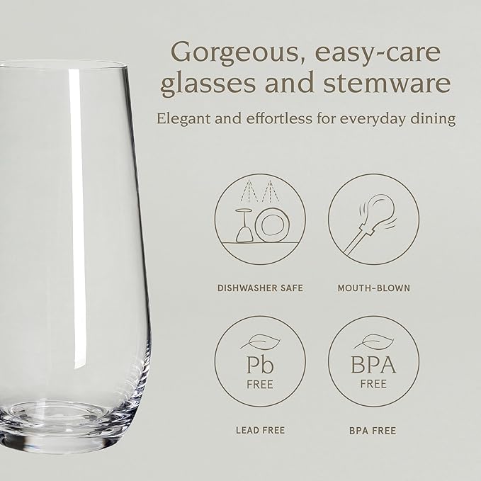 over&back 19oz Traditional Glassware - Set of 4 Classic Stemless Drinking Glasses for Parties, Get-togethers, and More - Mouth-Blown - Wine Cups for Kitchen and Dining Room - Clear, Water (19oz)