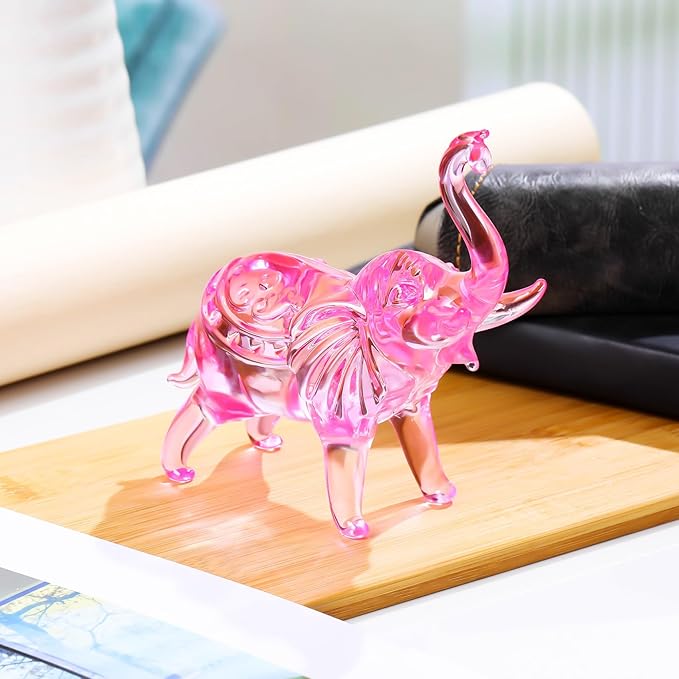 YWHL Pink Crystal Elephant Figurine Gifts for Elephant Lovers, Glass Animals Statue Decor, Handmade Art Collectible Decoration for Home Table Centerpiece