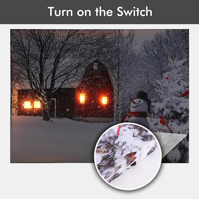 NIKKY HOME 16" x 12" Christmas LED Lighted Canvas Wall Art Prints Light Up Red Barn House Snowman and Christmas Tree Picture Winter Snow Scene for Holiday Decor