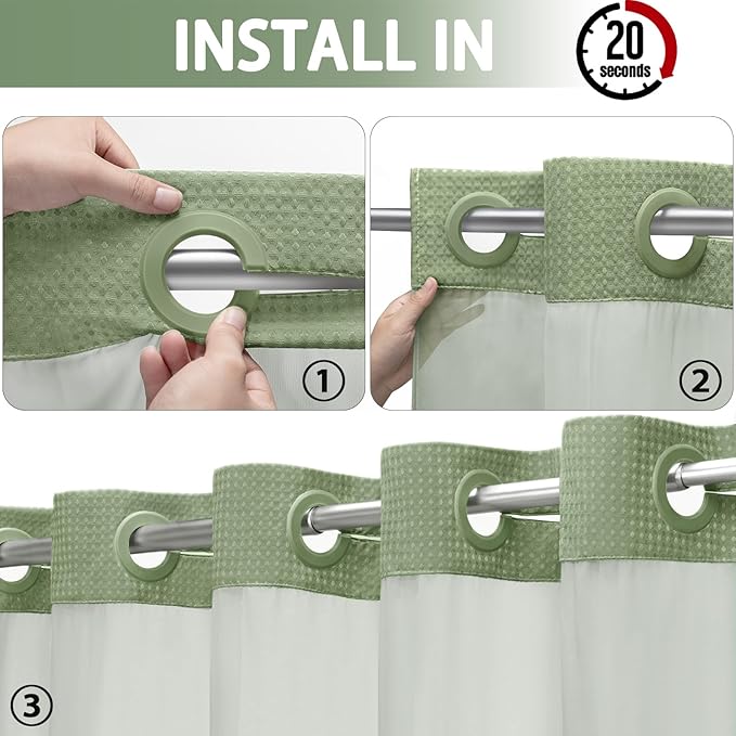 YellyHommy No Hook Shower Curtain with Snap in Liner Set Less Time Green Waffle Shower Curtain for Bathroom 75" L x 78" W