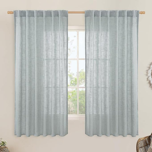 LAMIT Faux Linen Curtains 63 inches Long for Bedroom, Back Tab and Rod Pocket Linen Drapes Light Filtering Semi Sheer Curtains for Small Window/Farmhouse, 2 Panels (52 x 63 Inch, Greyish Blue)