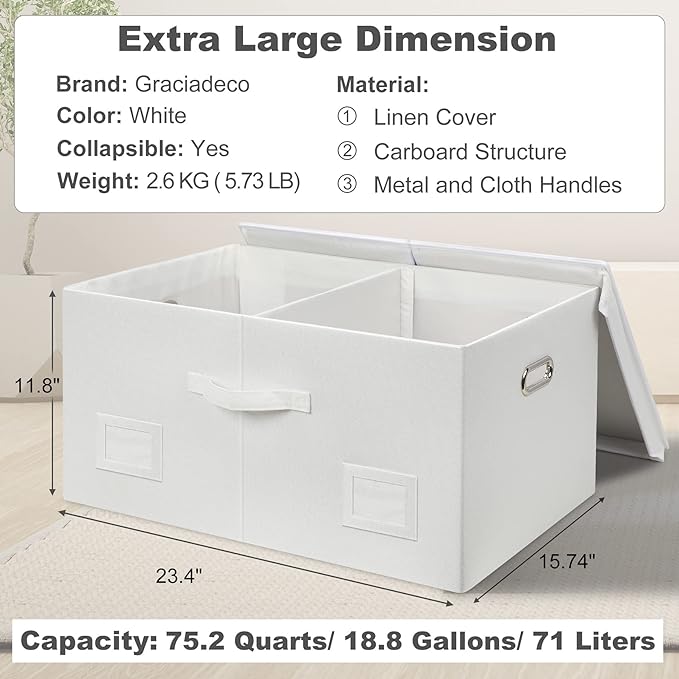 75 Quarts Extra Large Decorative Storage Bins with Lids, 1 Pack White Collapsible Storage Bins with Lids, Stackable Storage Bins Decorative Box Storage With Lid Extra Large