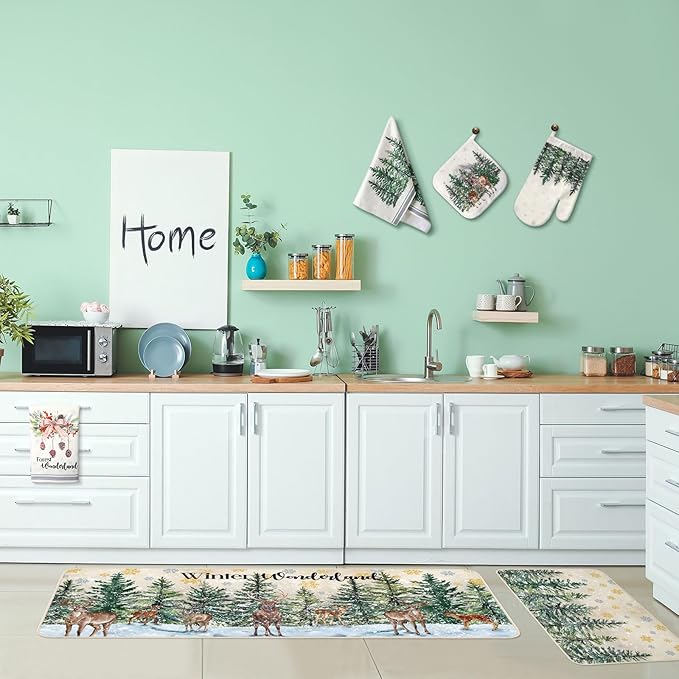 10 Pcs Christmas Kitchen Decor Set Kitchen Towels and Rugs Oven Mitts Pot Holders Absorbent Towels for Baking Cooking BBQ Gifts Home Decor(Khaki,Wonderland)