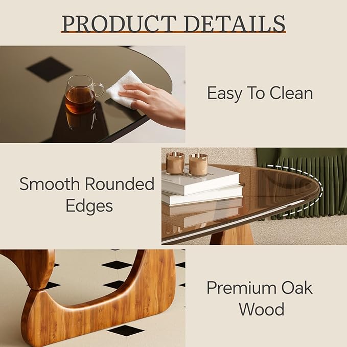 Coffee Table for Living Room Mid Century Modern Center Table with Glass Top and Oak Wood, Brown/Walnut