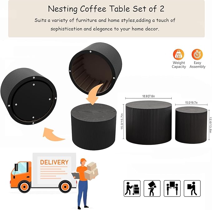 Modern Round Nesting Coffee Table Set of 2, Vertical Stripe Design Drum Coffee Table Cocktail Table, Round Side Table for Living Room, Bedroom, Office, Balcony (D19.7+27.6")