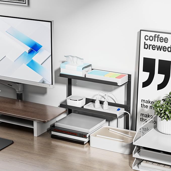 Delamu Under Desk Cable Management Double Tray, Metal Mesh Cord Organizer with U Clamp Mount, Adjustable Hole Cable Tray with Wire Management, Cable Raceway for Home Office Standing Desk