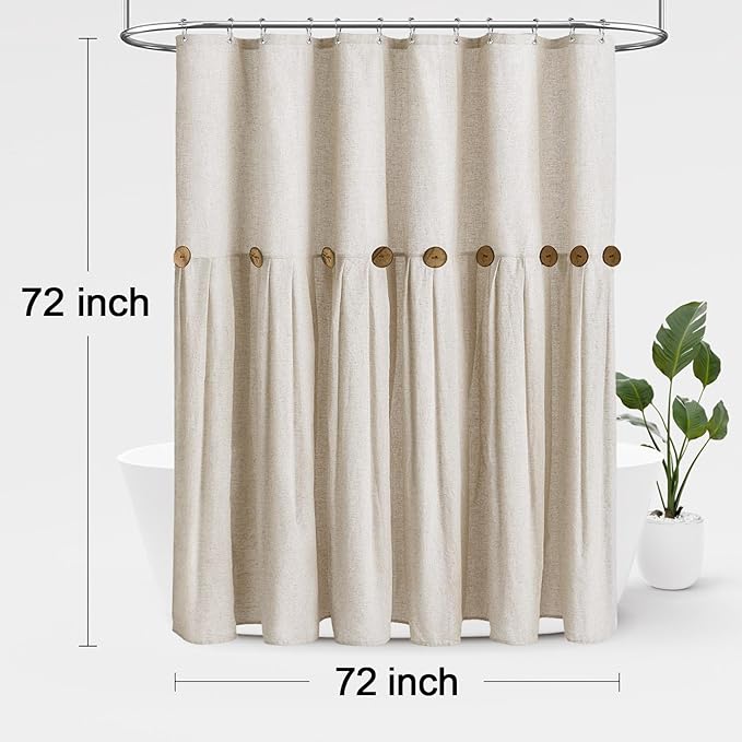 Awellife Farmhouse Cream Shower Curtain Button Linen Textured Woven Fabric,Country Style 72" W x 72" L