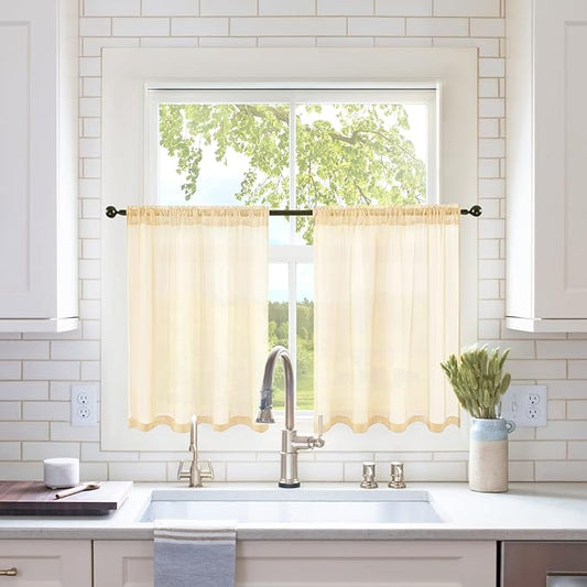 MIULEE 2 Panels Red Kitchen Tiers Half Window Sheer Curtains Rod Pocket Translucent Voile Drapes for Kitchen Bathroom Small Windows 29 by 36 Inch Cream Beige