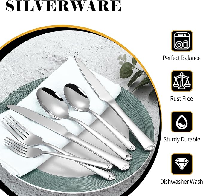 60 Piece Silverware Set with Steak Knives for 10, Prendcyx Stainless Steel Flatware Set, Food-Grade Tableware Cutlery Set Includes Forks Spoons Knives, Mirror Polished, Dishwasher Safe