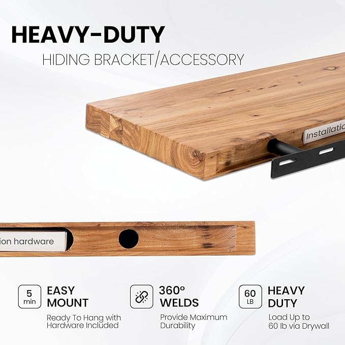 Fun Memories Floating Shelves for Wall Decor, 8" Deep Rustic Solid Elm Wood Floating Shelves Wall Mounted, Heavy-Duty Shelf with Invisible Bracket for Living Room Kitchen, 36 Inch Set of 2, Natural