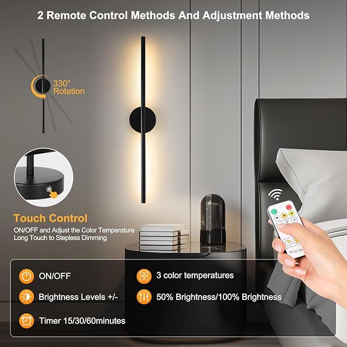 Wireless Battery Operated Wall Sconces with Remote, Black Rechargeable Led Wall Lights Set of Two, Cordless Dimmable Battery Powered Wall Lamp Decor for Bedroom Living Room, 3 Color, 28 Inch