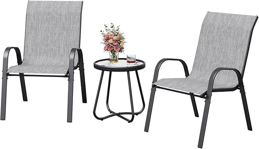 Amopatio 3 Piece Patio Set, Outdoor Stackable Dinging Chairs for All Weather, Breathable Garden Outdoor Furniture for Backyard Deck, Light Grey