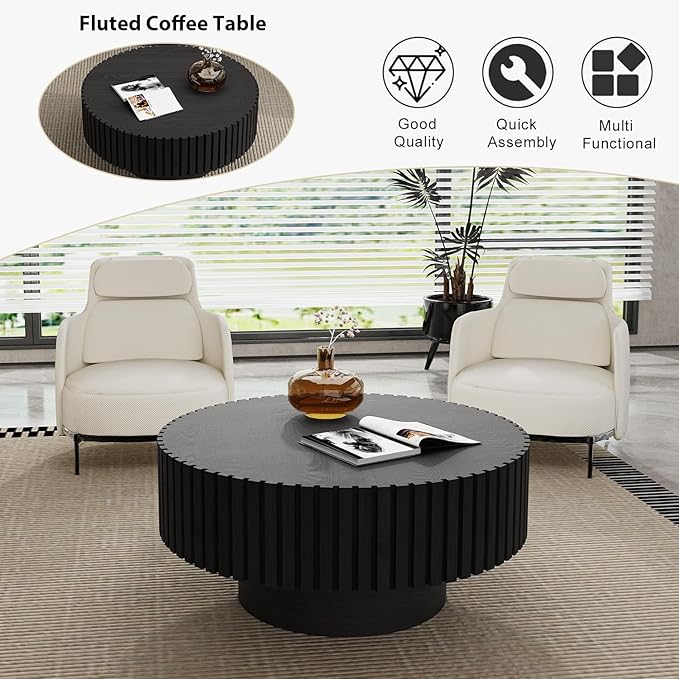 Round Fluted Coffee Table Mid Century Modern Coffee Tables with Handcrafted Relief Circle Drum End Table Rustic Industrial Center Tables for Apartment Living Room (Black Round)