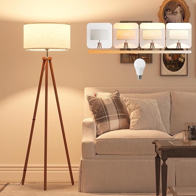 LiteHistory Wood Tripod Floor Lamps for Living Room, Bedroom, and Office,Standing lamp with Beige Linen Shade, 12W Three-Color Bulb Included, Pull Chain Switch, Tall lamp for Mothers Day Gifts, Brown