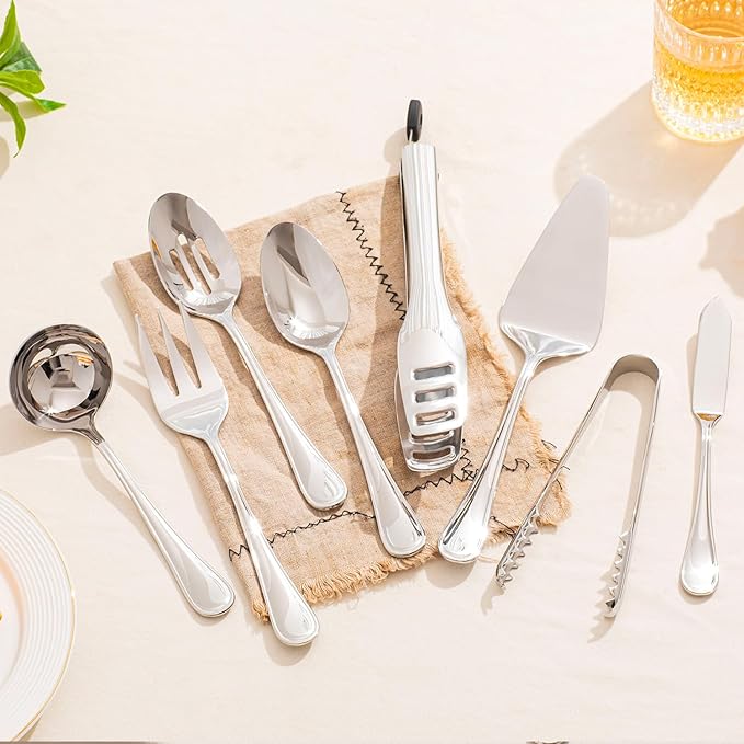KINGSTONE 12 Piece Teardrop Serving Utensils Set, 18/10 Stainless Steel Serving Utensils, Slotted Spoons, Forks, Tongs, Cake Server, Butter Knife for Buffet, Catering, Wedding, Party