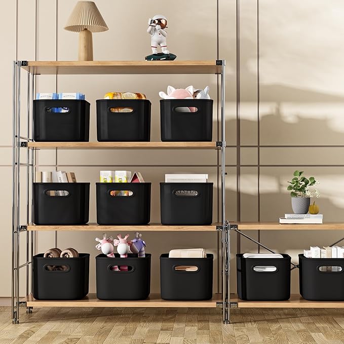6 Pack Black Storage Bins with Lids for Shelves, Plastic Storage Containers with Lids for Organizing, Stackable Storage Boxes with Handle, Black Storage Bins for Classroom, Craft, Snacks