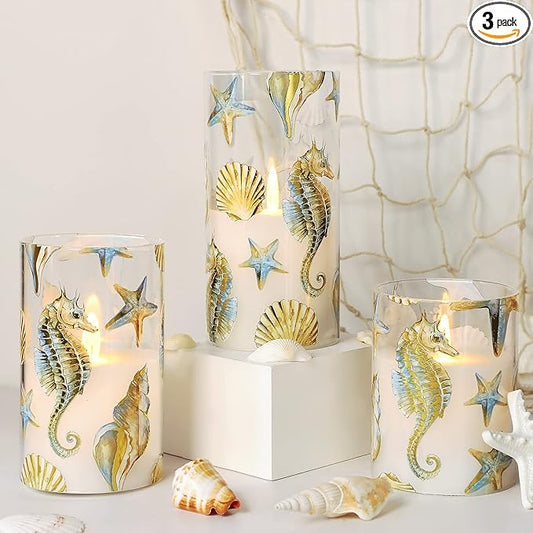 Flameless Candles x3 with Set Remote Christmas Bronzing Glass Golden Seahorse Shell Starfish Ocean Timer 24hrs-Cycled Home Decor Gift Wedding Party Room Table Centerpieces