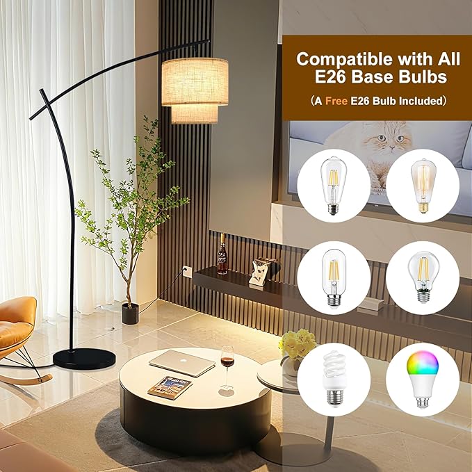 Lightdot Arc Floor Lamp for Living Room, Modern Standing Tall Lamps with Double Linen Lampshade, Tall Hanging Pole Lamp with Stable Metal Base & Foot Switch for Bedroom Home Office-Black
