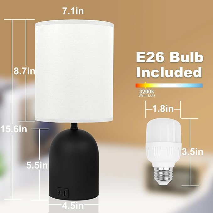 Bedside Table Lamp for Bedroom, 3 Way Dimmable Touch Nightstand Lamp with USB C and A Ports Small Table Desk Lamp for Bedroom, Living Room, Reading Room, Kids Room, Office, Dorm Black/White