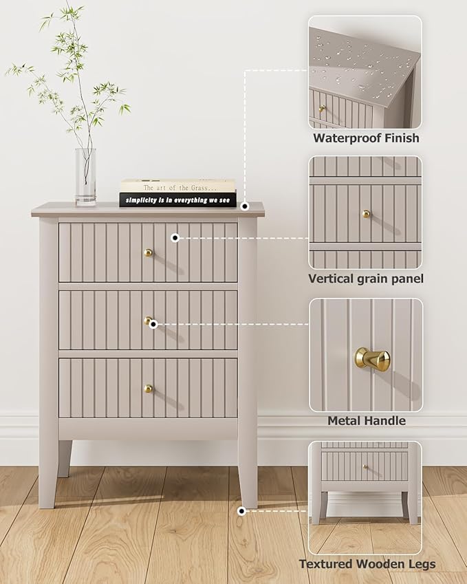 Night Stand, Fluted Nightstand Bedside Tall Farmhouse Nightstand with 3 Drawers, Mid Century Modern Side Accent Table,Bedside End Table for Bedroom, Living Room, Khaki