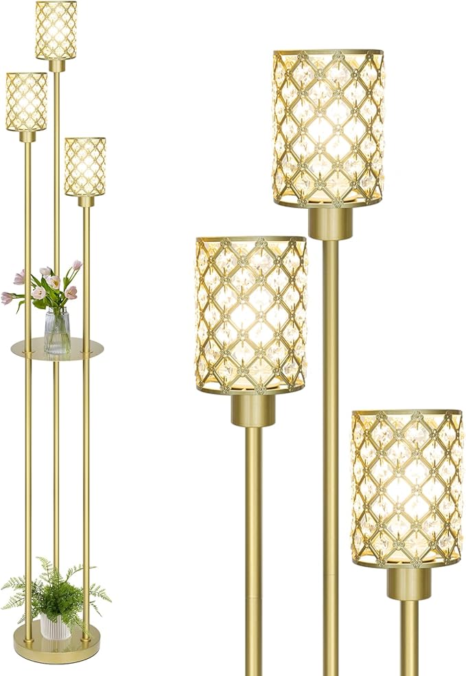Gold Floor Lamps for Living Room, Standing Floor Lamp with Shelves, Tall Lamp with Table, Modern Mid Century Floor Lamp with E26 Base, Coner Crystal Floor Light for Bedroom (Without Bulb)