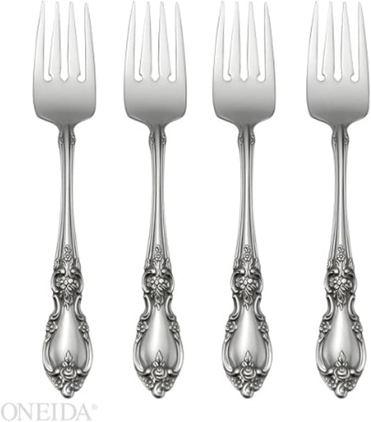 Oneida Louisiana 4-Piece Fine Salad Forks Stainless Steel Silverware Set, 18/8 Stainless Steel Small Fork Set, Service For 4, Dishwasher Safe, Silver, Mirror Finish, Metal, Utensils (Silver, 4 Piece)