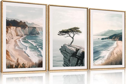 Amalfi Coastal Seascape Framed Canvas Wall Art Set, Summer Ocean Wall Decor, Southwestern Beach Wall Painting, Ocean Seascape Art Prints for Living Room, Bedroom, Dining Room - 24"x36"x3