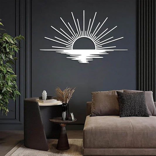Sunrise Metal Wall Art, Metal Sun Wall Decor, Sun Outdoor Wall Art, Abstract Sunrise Wall Decor, Boho Home Hanging, Living Room Wall Hanging (White, 48"x29"/121x72cm)