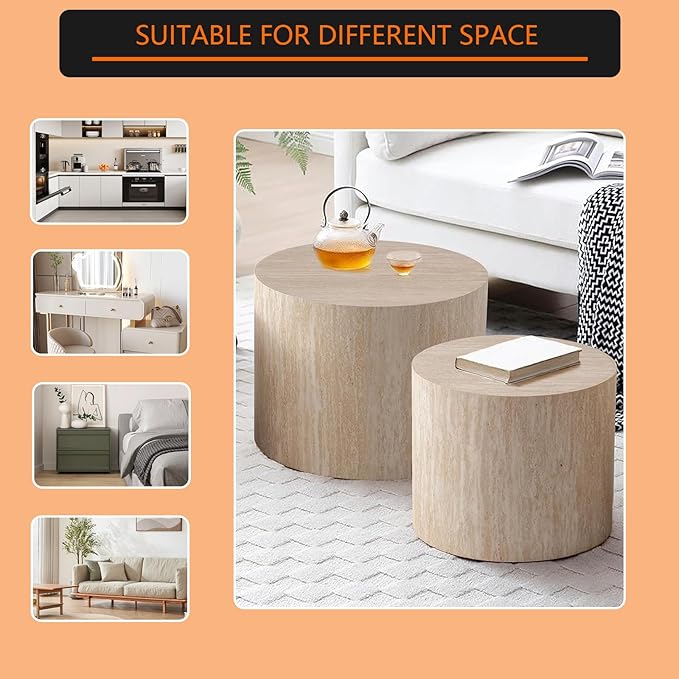 Round Coffee Table Set of 2 Modern Nesting Coffee Tables for Living Room Wave Stripe Round Coffee Table for Bedroom Office No Need Assembly (J)