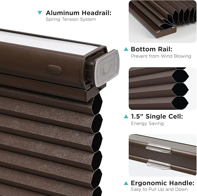 Joydeco No Tools No Drill Blinds for Indoor Windows, Cordless Window Blinds Cellular Shades Top Down Bottom Up Blackout Honeycomb Blinds Thermal Insulated Noise Reduction (Dark Brown, 46" W x 64" H)