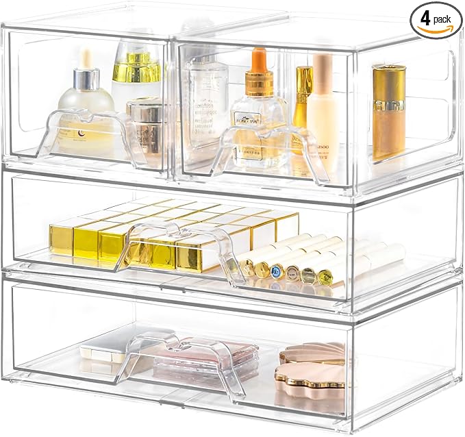 4 Pack Stackable Storage Drawers Clear Acrylic Organizer Bathroom Makeup Organizer and Storage for Beauty Supplies,Ideal for Vanity, Bathroom,Cabinet,Pantry Organization