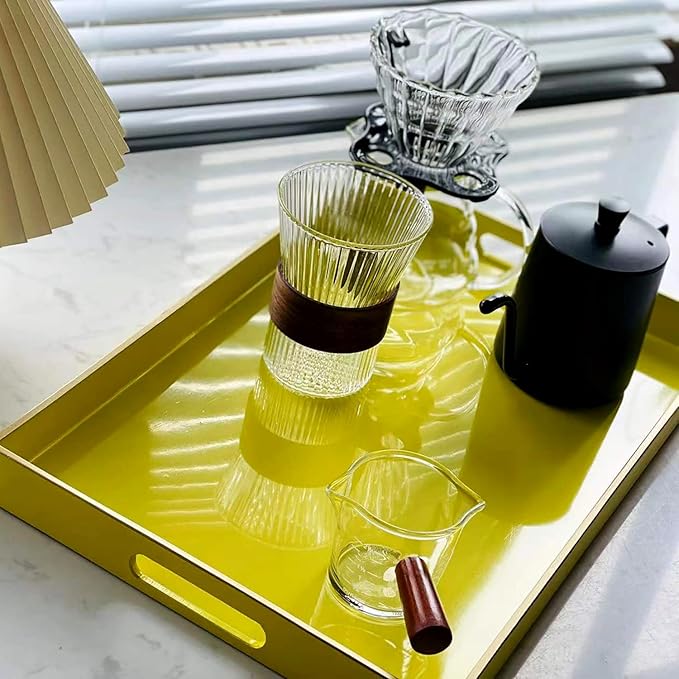 Zosenley Decorative Tray, Rectangular Plastic Tray with Handles, Modern Vanity Tray and Serving Tray for Bathroom, Kitchen, Ottoman and Coffee Table, 15.6" x 10.2" (Yellow)