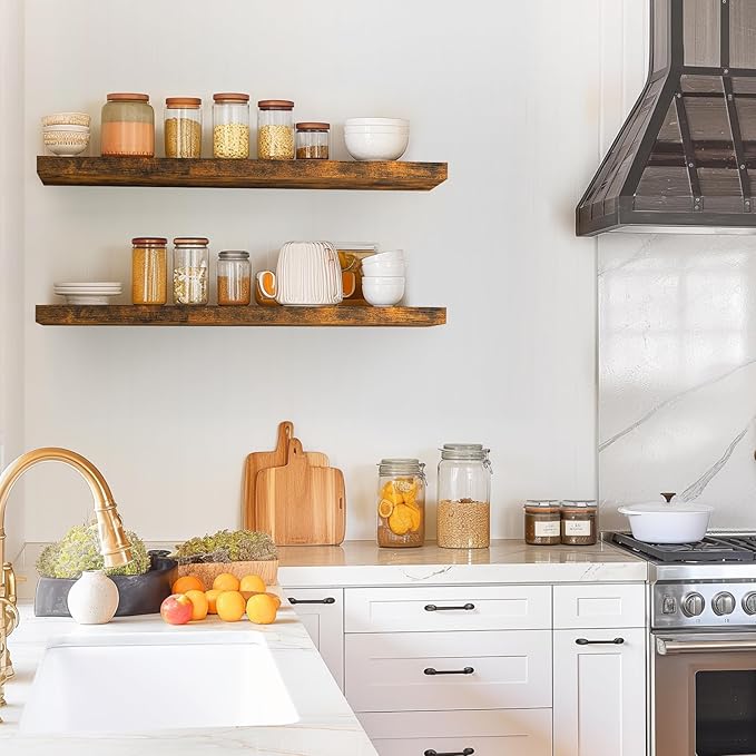 BAYKA Floating Shelves, 36 inch Wall Mounted Rustic Wood Shelves for Bathroom, Bedroom, Living Room, Kitchen, Office, Hanging Shelf for Books/Storage/Decor(Rustic Brown,Set of 2)