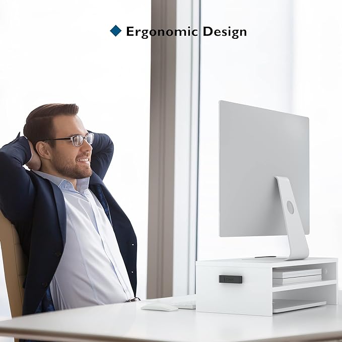 BONTEC Wooden Monitor Stand Riser, 2-Tier Desk Shelf with Storage Organizer, Ergonomic Computer Stand with Cable Management, Cellphone Holder, White, 16.5 Inch