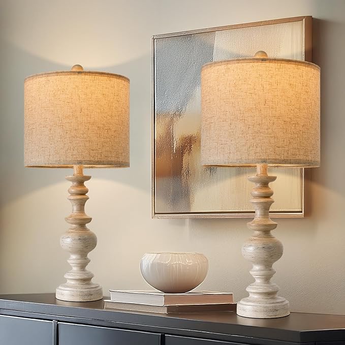 BOBOMOMO 24" Farmhouse Resin Table Lamp Set of 2, Vintage Lamps for Living Room Bedroom with Linen Shades, Traditional Rustic Bedside Lamps Retro Table Lamps for Living Room, Bedroom, Office